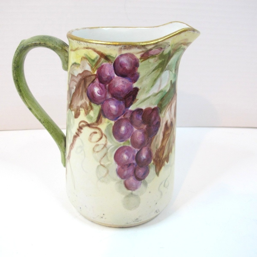 Antique Hand Painted Porcelain Cider / Water Pitcher Signed SMB 1908 Grapes